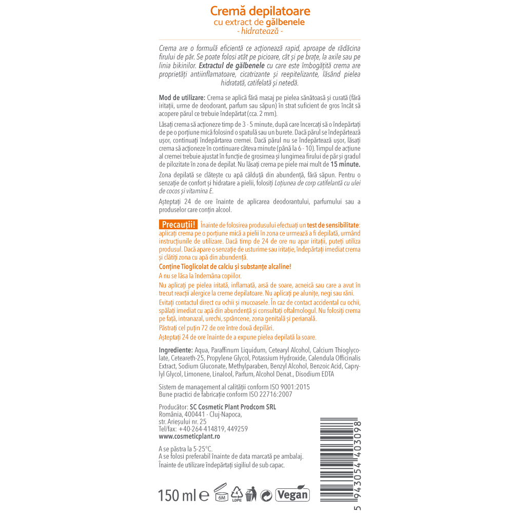 Cremă depilatoare cu extract de gălbenele