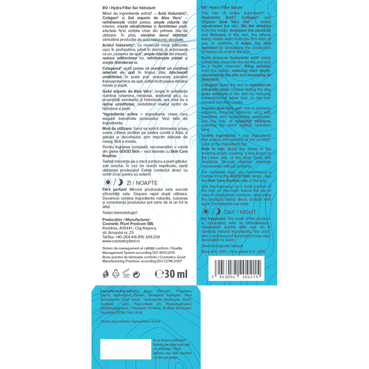 GOOD Skin - Hydra Filler Serum cu Acid hialuronic, Colagen și Aloe Vera