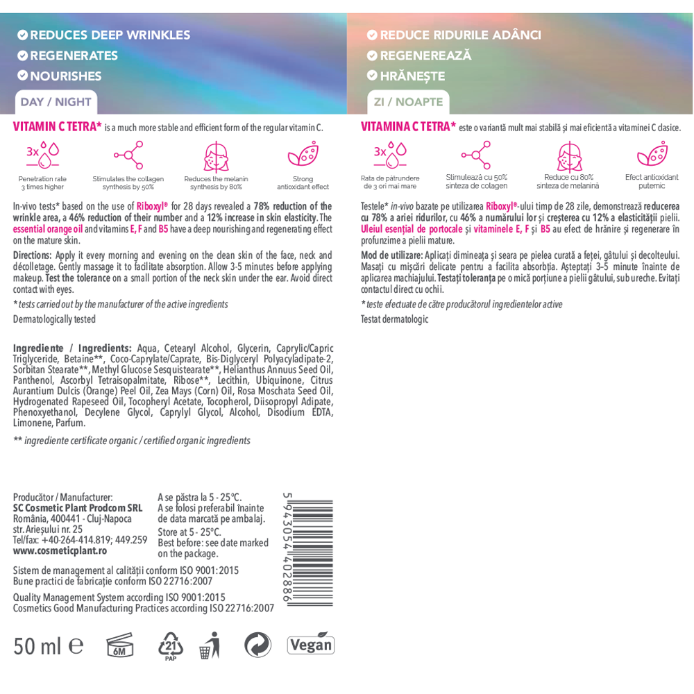 Cremă antirid regeneratoare 50+ Vitamin C Plus cu Vitamina C Tetra