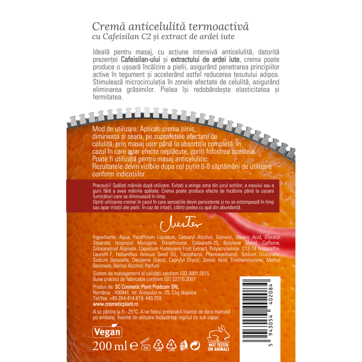 Cremă anticelulită termoactivă cu extract de ardei iute și Cafeisilan C2 - 200 ml