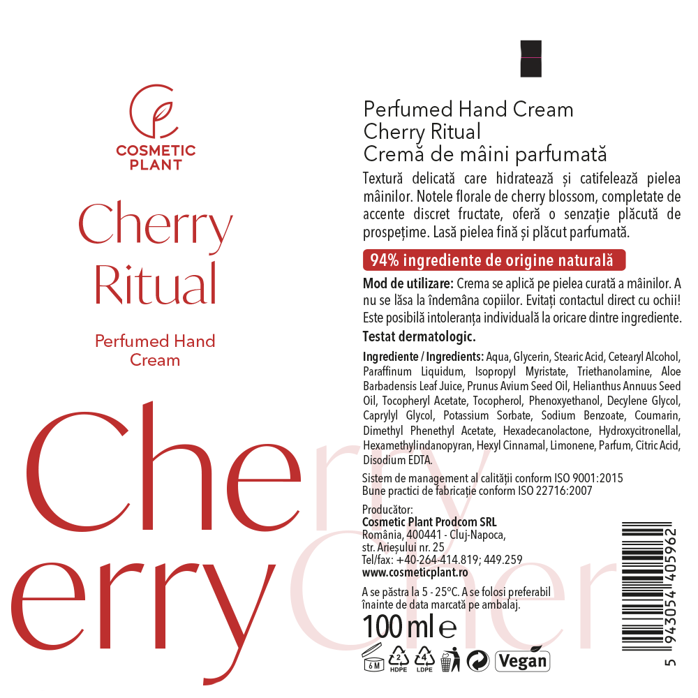 Cremă de mâini parfumată Cherry Ritual Perfumed Hand Cream