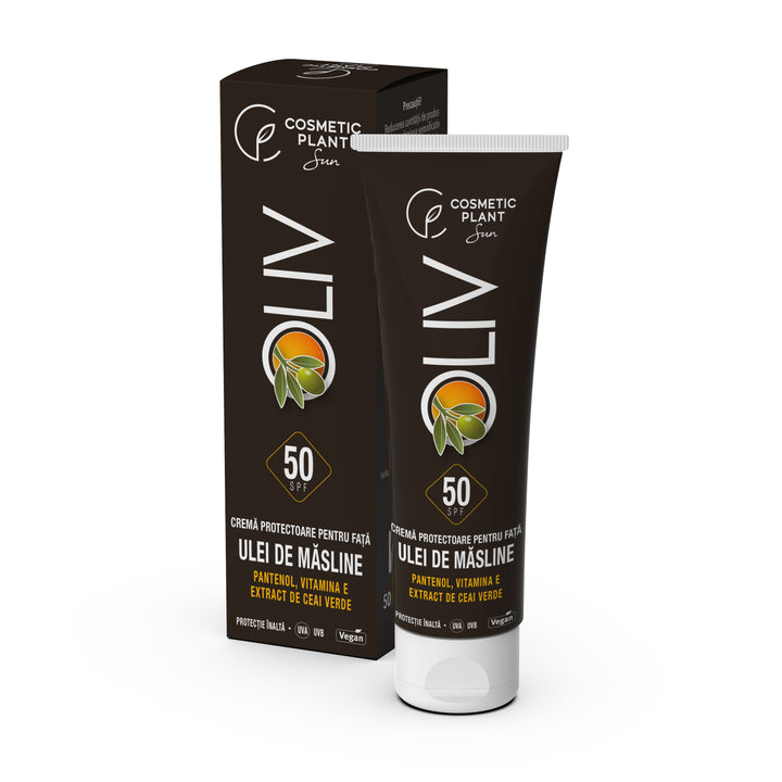 Cremă protectoare pentru față OLIV cu SPF50 cu ulei de măsline, ceai verde, vit. E, pantenol