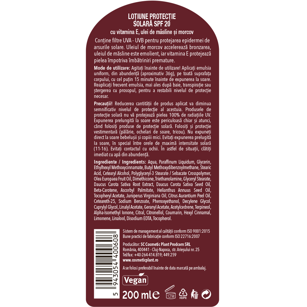 Loțiune protecție solară SPF20