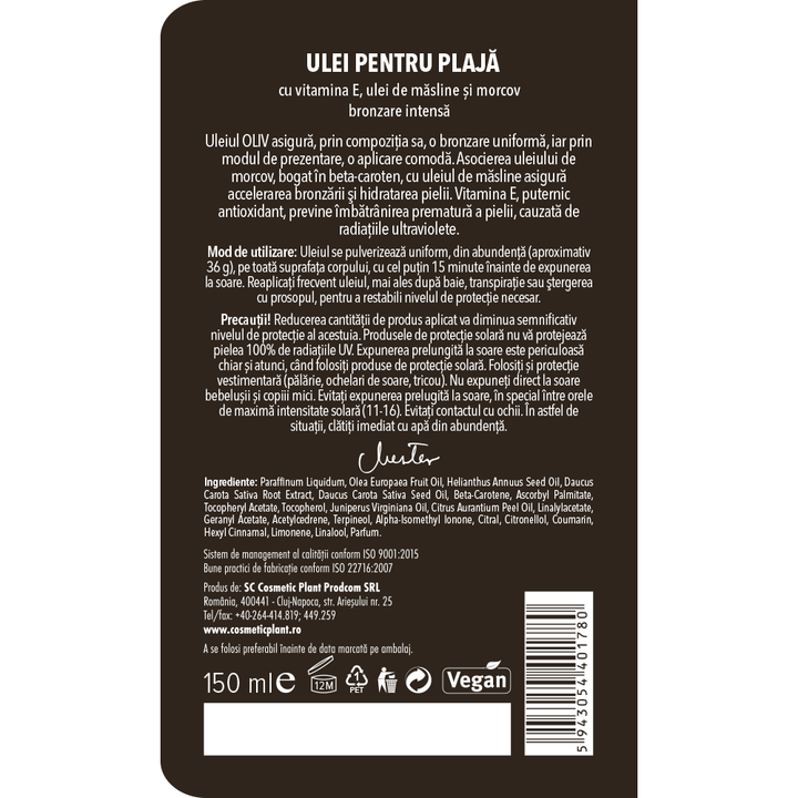 Ulei pentru plajă OLIV pentru bronzare intensa cu beta-caroten, vit. E si ulei de măsline (150 ml)