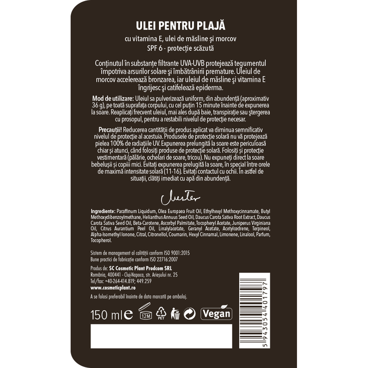 Ulei pentru plajă OLIV SPF 6 cu ulei de morcov, ulei de măsline şi vitamina E (150 ml)