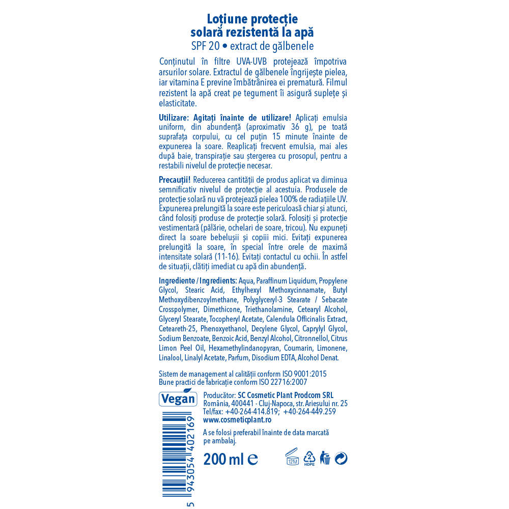 Loțiune protecție solară rezistentă șa apă SPF20
