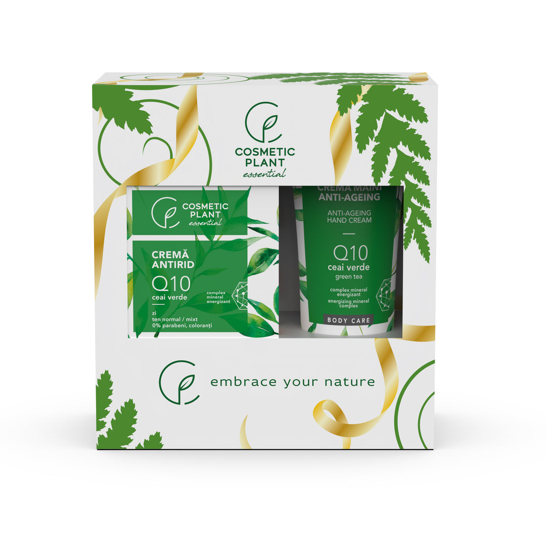 Set cadou Essential - Cremă antirid de zi Q10 & ceai verde 50 ml + Cremă mâini anti-ageing Q10 & ceai verde 100 ml
