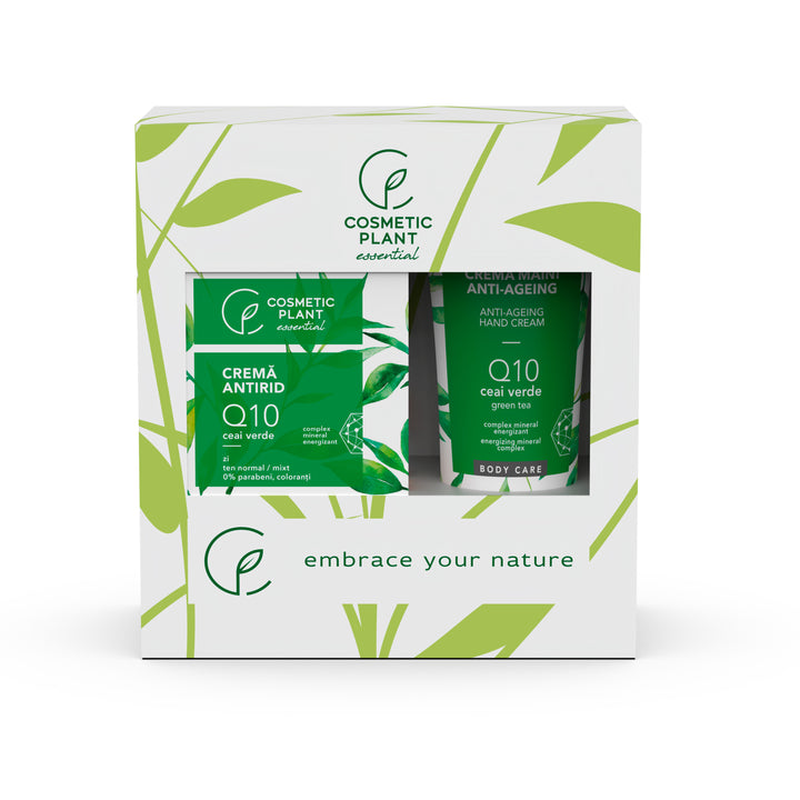 Set cadou Essential - Cremă antirid de zi Q10 & ceai verde 50 ml + Cremă mâini anti-ageing Q10 & ceai verde 100 ml