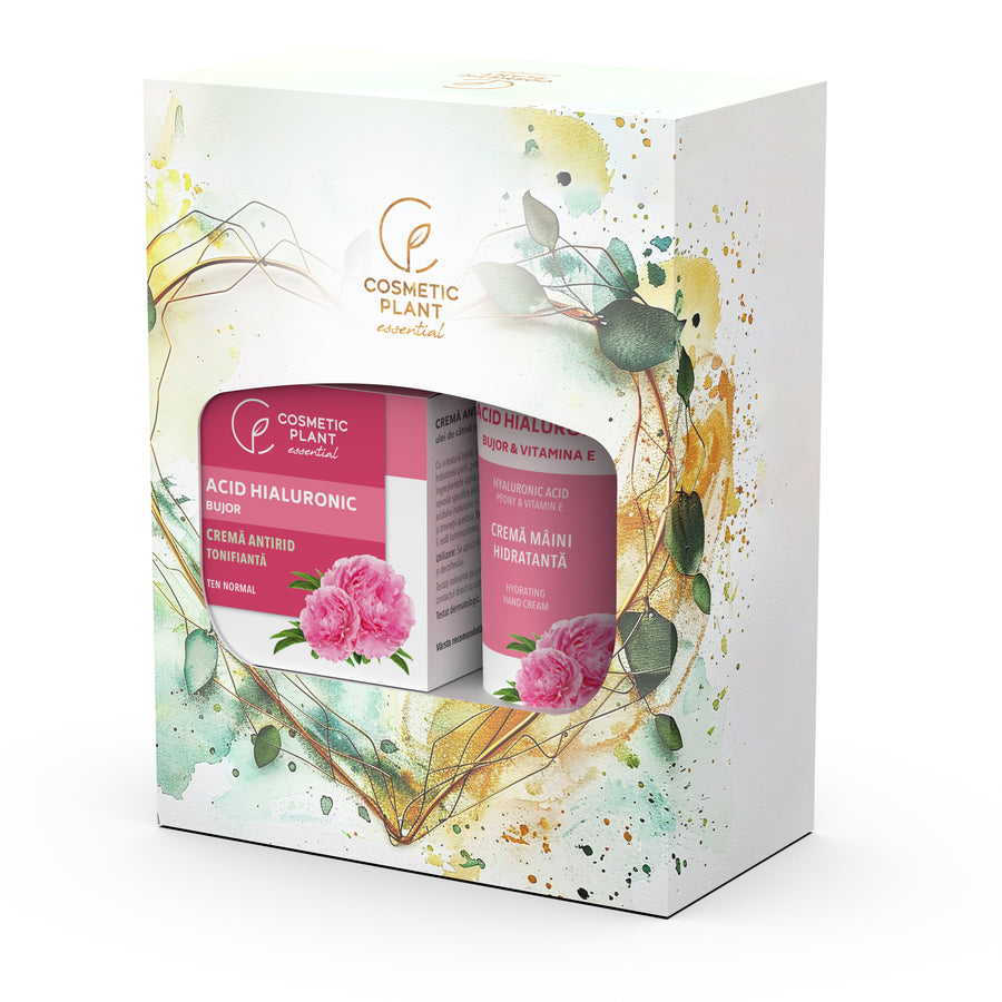 Set cadou Essential - Cremă antirid tonifiantă cu acid hialuronic & bujor 50 ml + Cremă mâini hidratantă cu bujor 100 ml