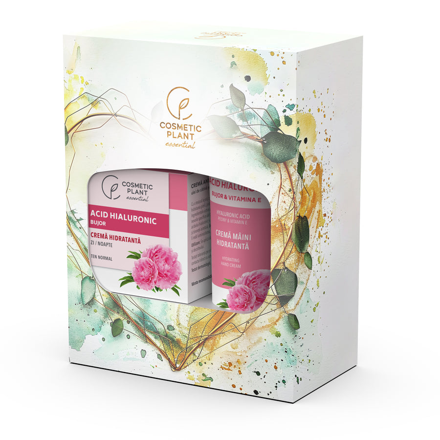 Set cadou Essential - Cremă hidratantă cu acid hialuronic & bujor 50 ml + Cremă mâini hidratantă cu bujor 100 ml