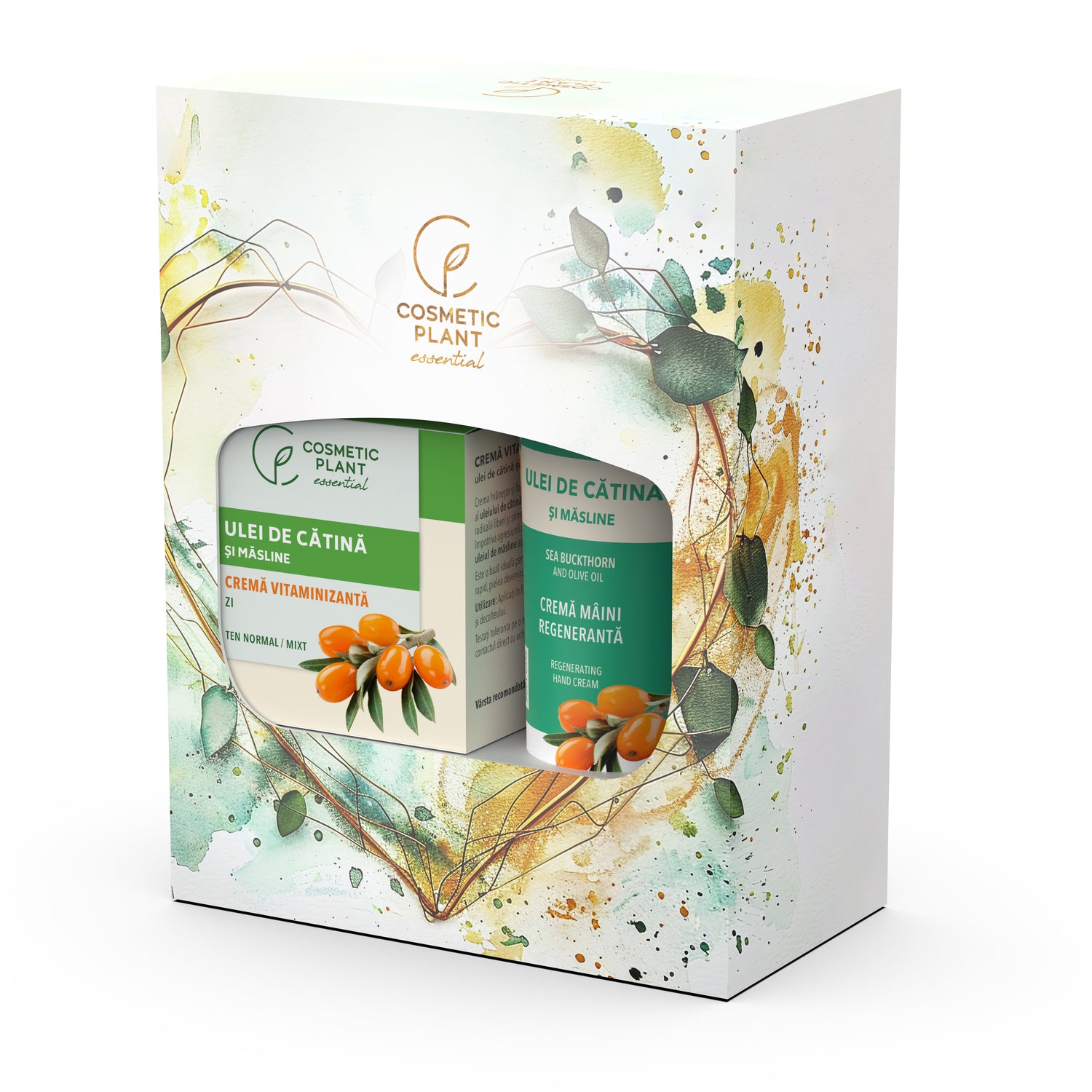 Set cadou Essential - Cremă vitaminizantă de zi cu ulei de cătină şi măsline 50 ml + Cremă mâini regenerantă cu ulei de cătină şi măsline 100 ml