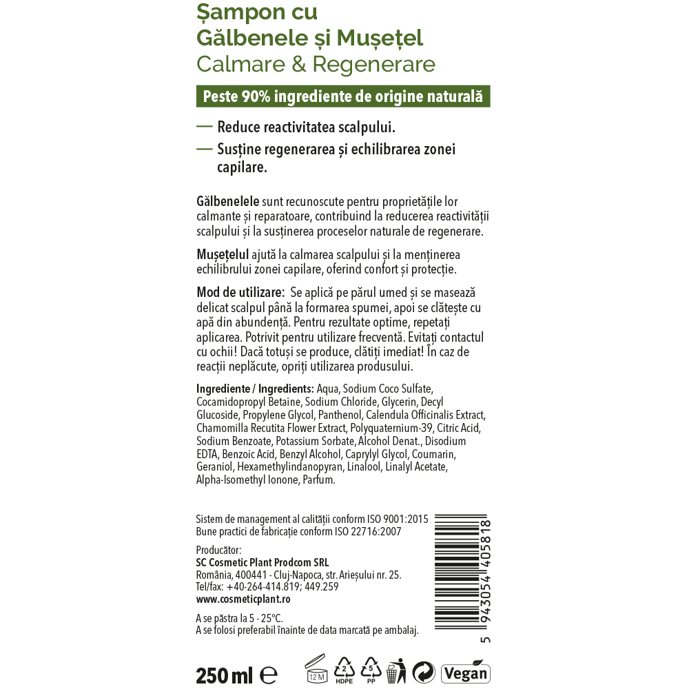 Eticheta Șampon cu Gălbenele și Mușețel - Calmare & Regenerare