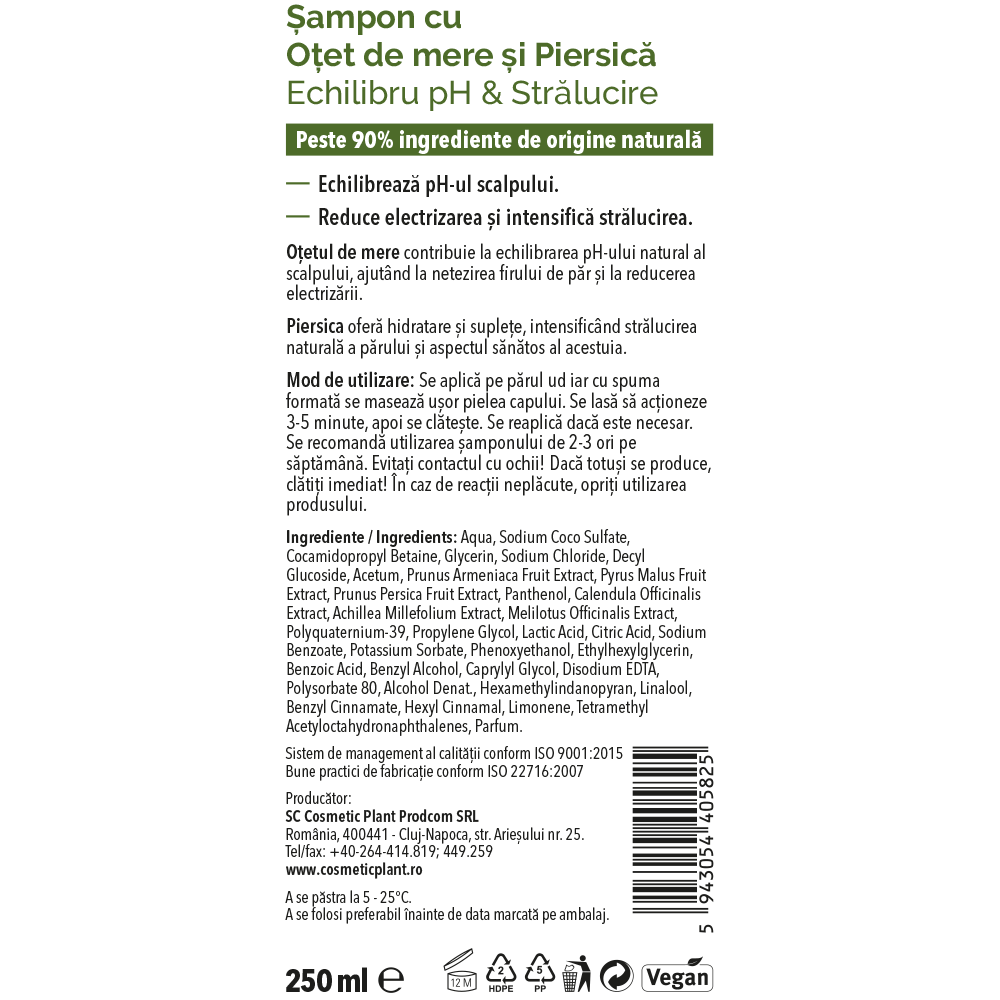 Sampon Cosmetic Plant Otet de Mere si piersica - eticheta produs