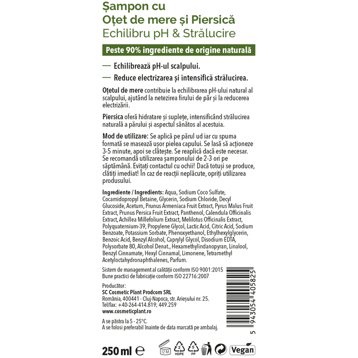 Sampon Cosmetic Plant Otet de Mere si piersica - eticheta produs