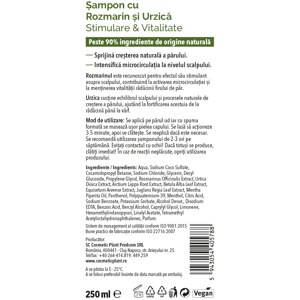Eticheta Șampon cu Rozmarin și Urzică - Stimulare & Vitalitate