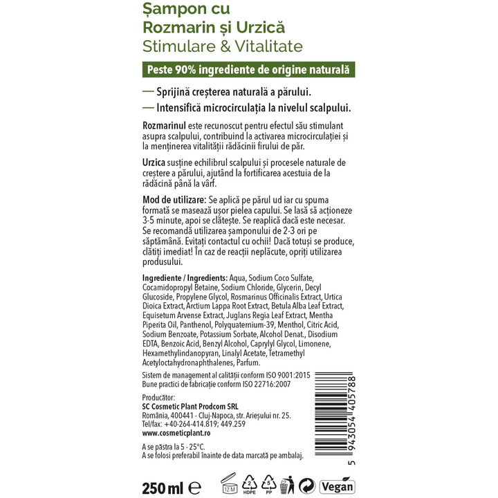 Eticheta Șampon cu Rozmarin și Urzică - Stimulare & Vitalitate