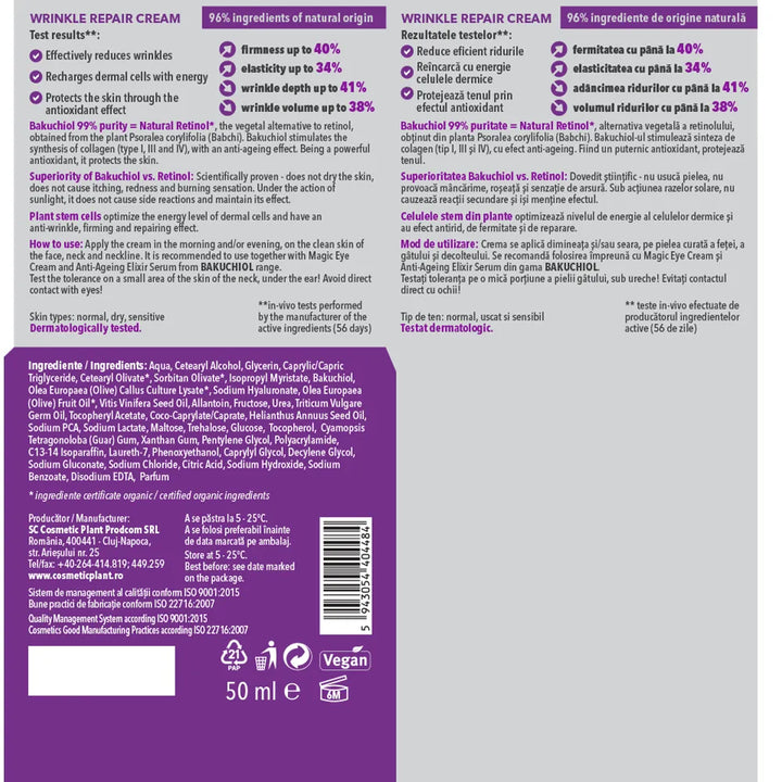 BAKUCHIOL – Wrinkle Repair Cream cu Bakuchiol 99% puritate (Natural Retinol*) și Celule stem din plante