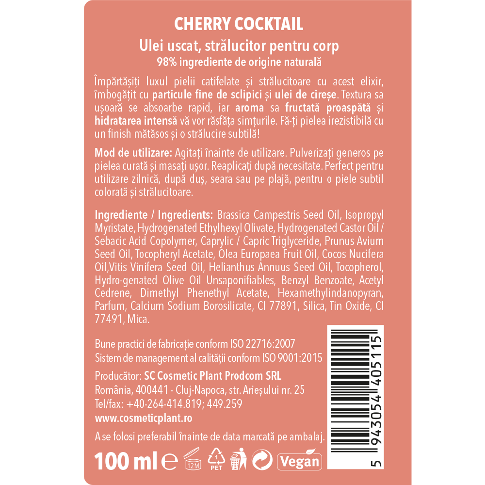 Etichetă produs Ulei uscat strălucitor pentru corp Cherry Cocktail
