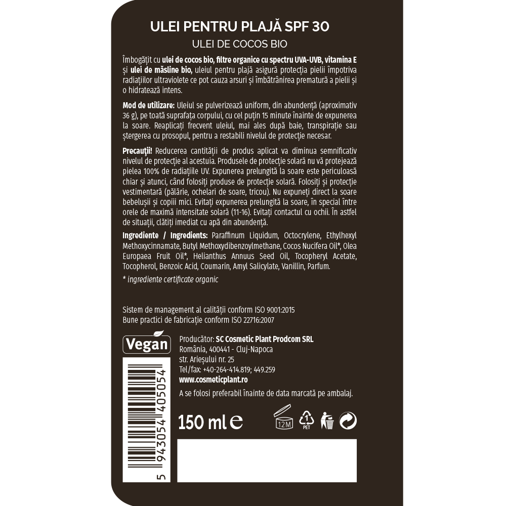 Ulei pentru plajă SPF30 Ulei de cocos BIO
