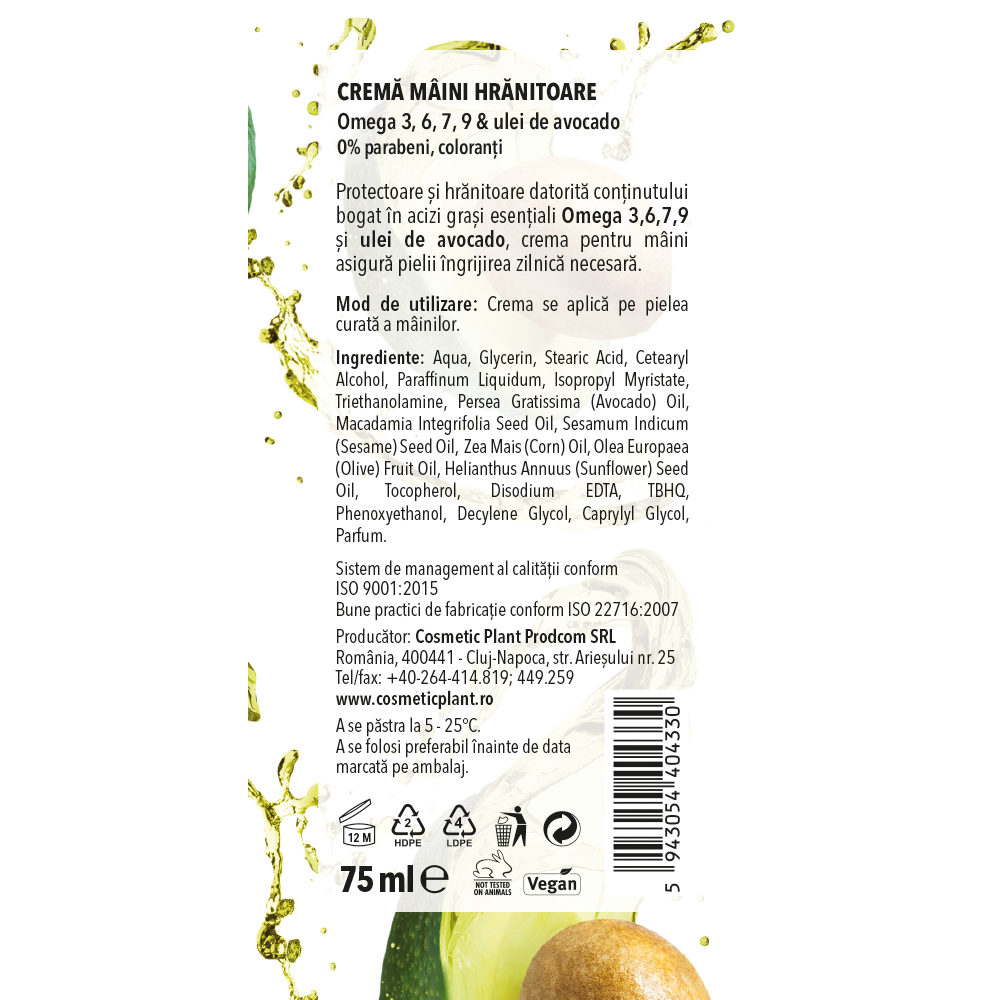 Cremă de mâini hrănitoare OMEGA Plus cu Omega 3, 6, 7, 9 & ulei de avocado