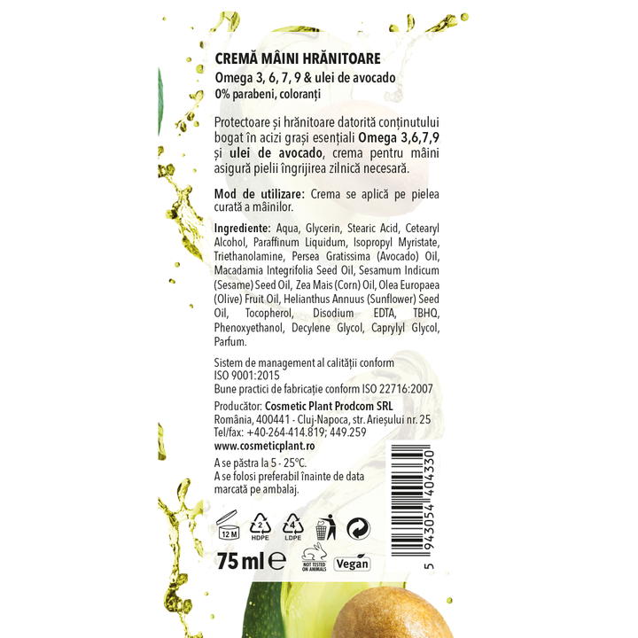 Cremă de mâini hrănitoare OMEGA Plus cu Omega 3, 6, 7, 9 & ulei de avocado