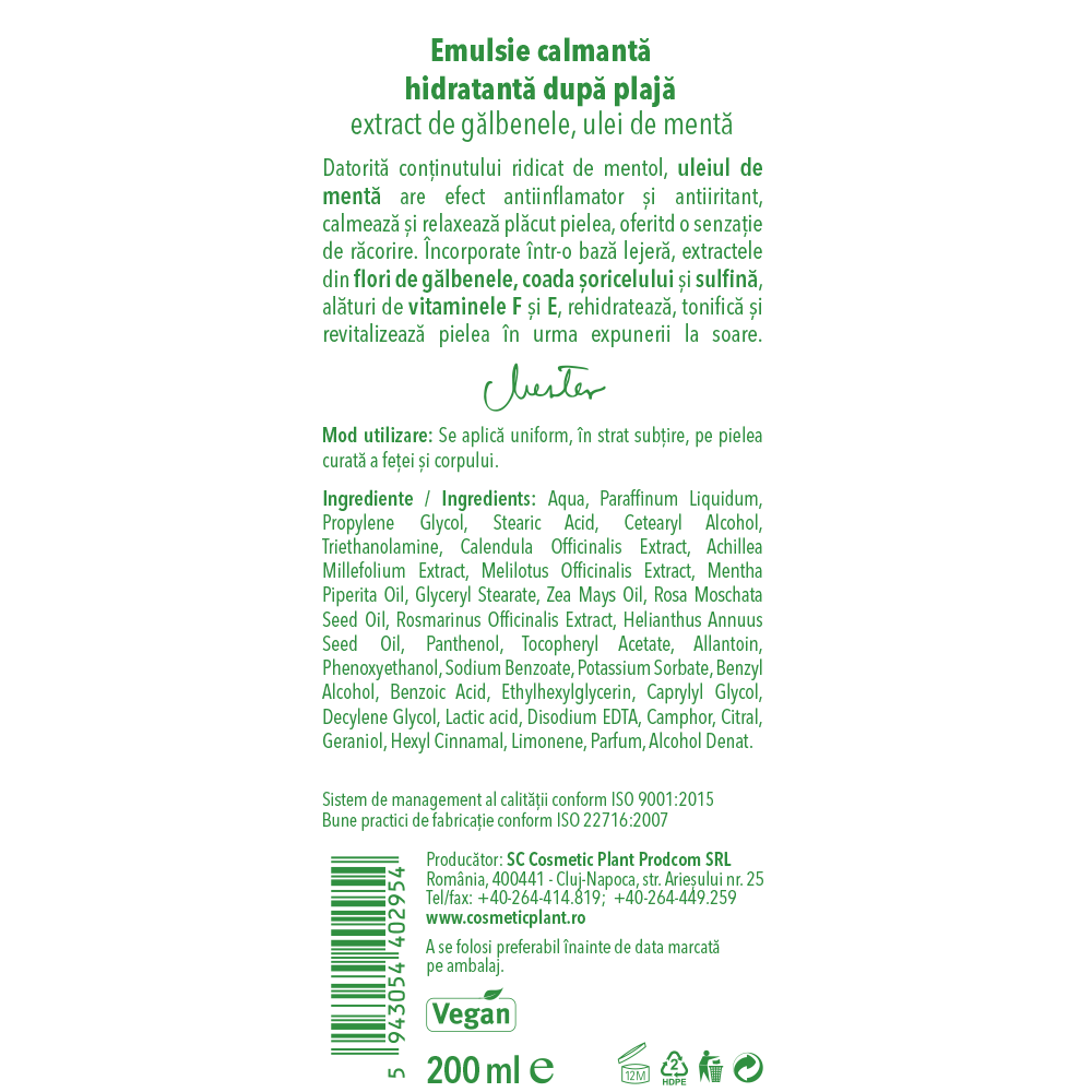 Emulsie calmantă hidratantă după plajă extract de gălbenele, ulei de mentă