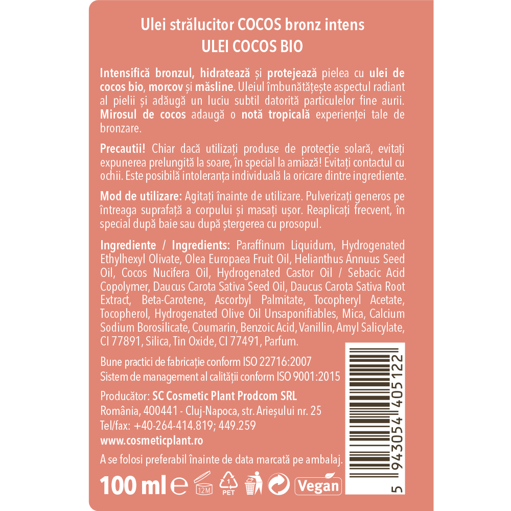 Ulei strălucitor Cocos bronz intens Ulei cocos BIO