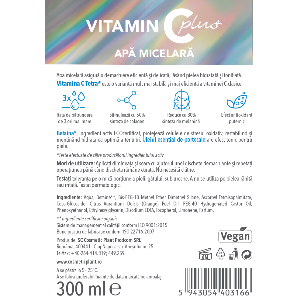 Apă micelară Vitamin C Plus 300 ml cu Vitamina C Tetra