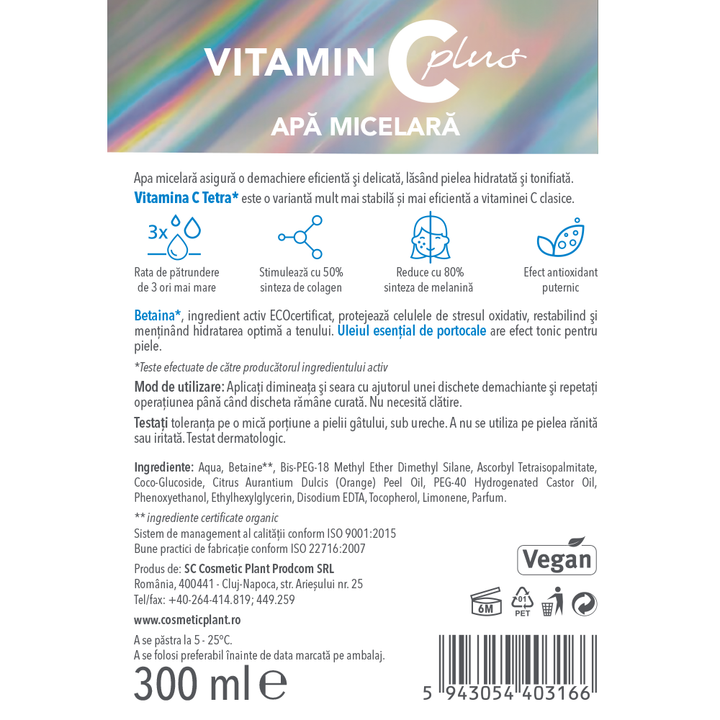 Apă micelară Vitamin C Plus 300 ml cu Vitamina C Tetra