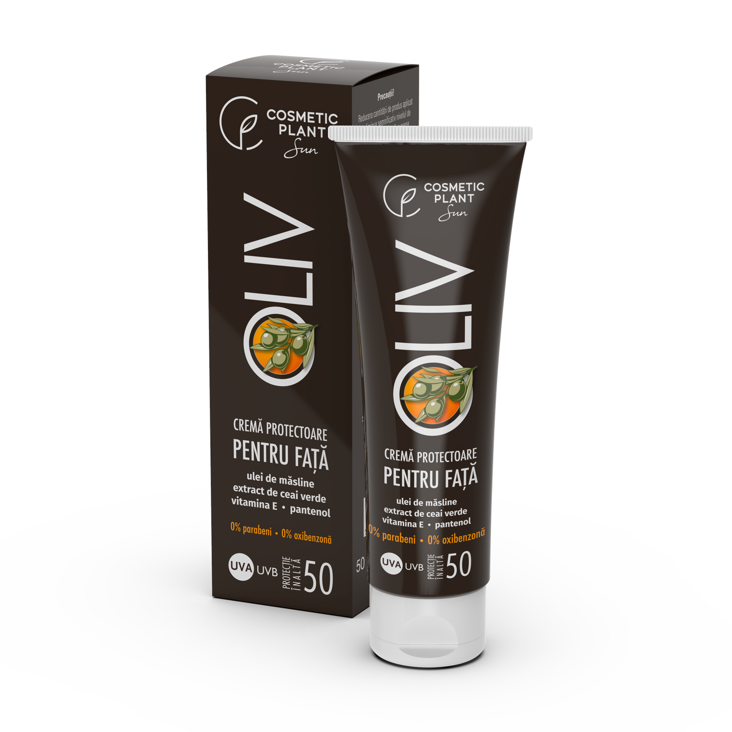 Cremă protectoare pentru față OLIV cu SPF50 cu ulei de măsline, ceai verde, vit. E, pantenol