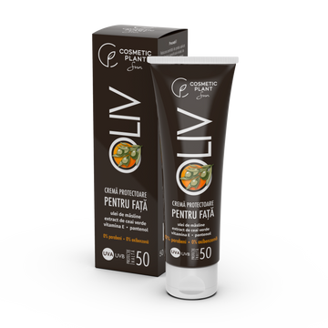 Cremă protectoare pentru față OLIV cu SPF50 cu ulei de măsline, ceai verde, vit. E, pantenol